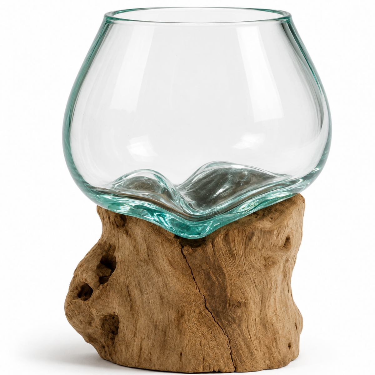 WoodenLux handcrafted molten glass vase on recycled driftwood.