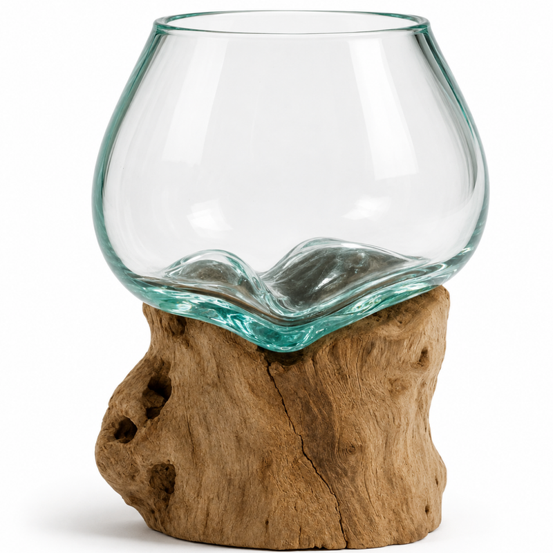 WoodenLux handcrafted molten glass vase on recycled driftwood.