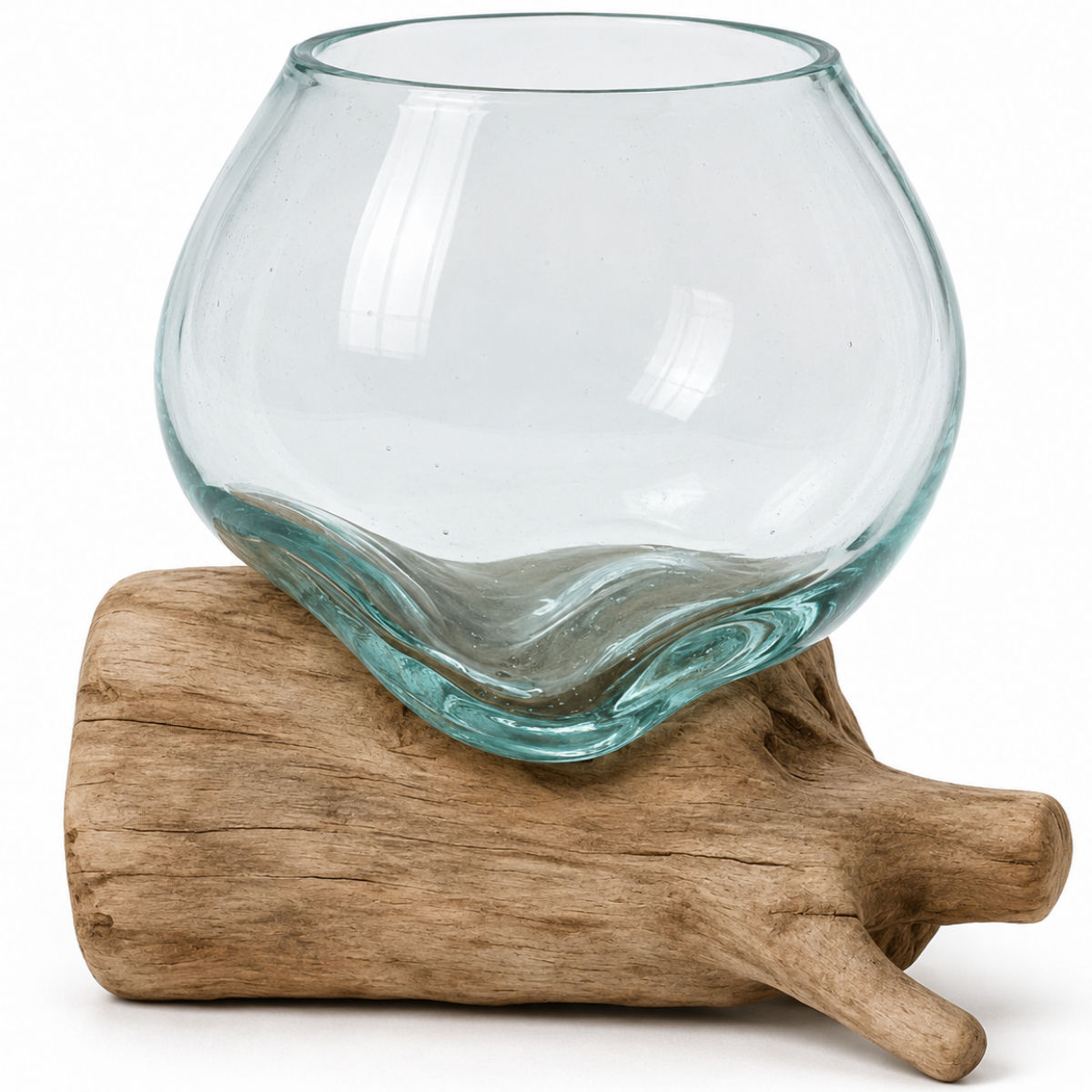 WoodenLux handcrafted molten glass vase on recycled driftwood.