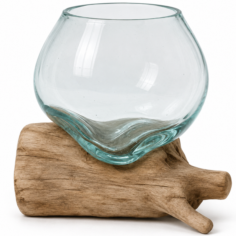 WoodenLux handcrafted molten glass vase on recycled driftwood.