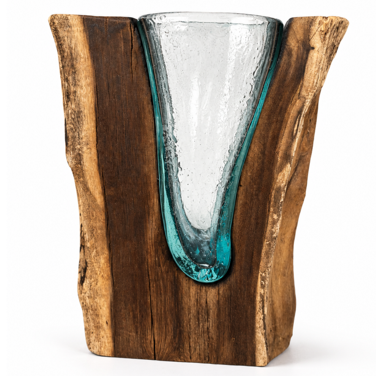 WoodenLux handcrafted molten glass vase on recycled driftwood.